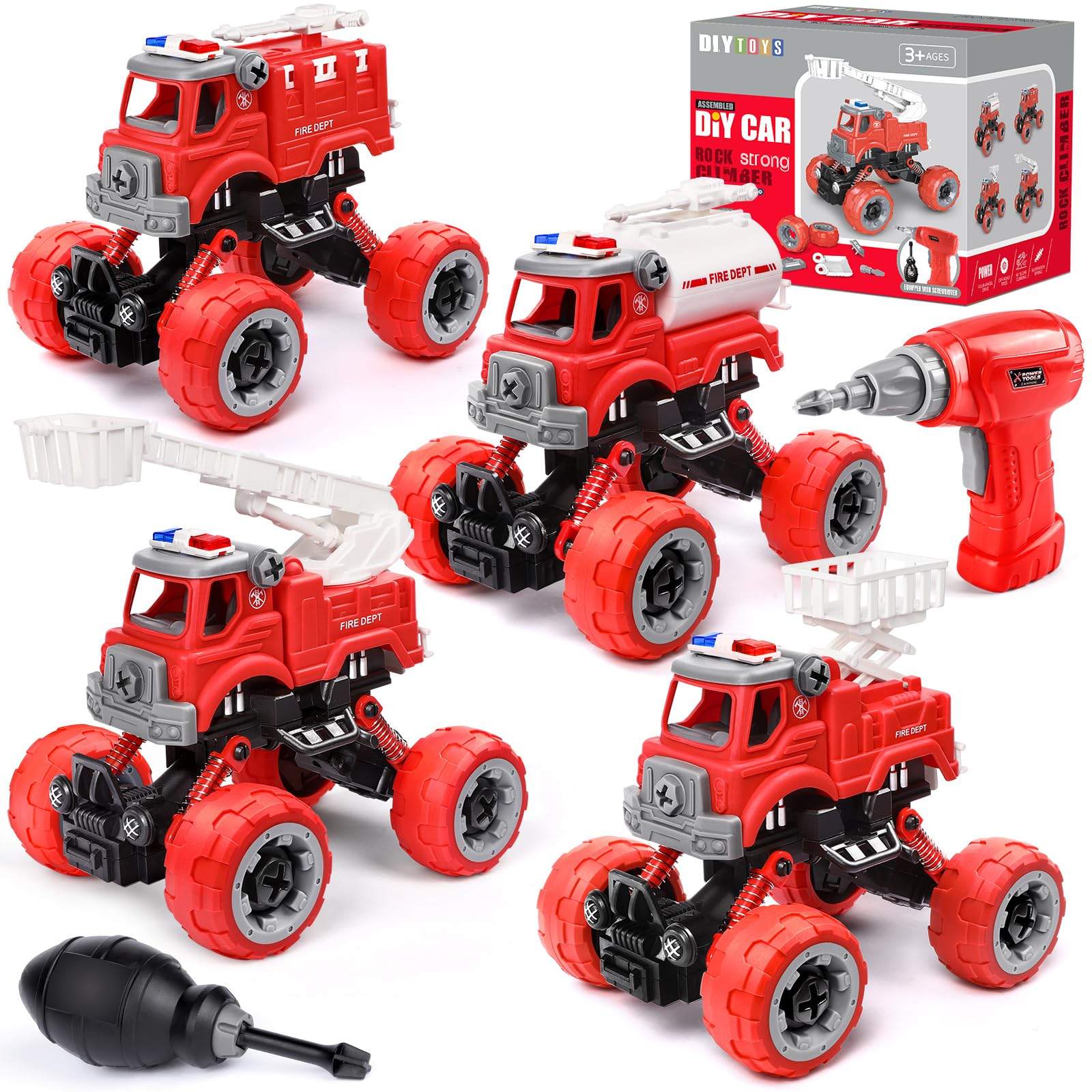 LUDILO 4PCS Take Apart Fire Truck Toys for 4 Year Old Boys Girls Kids Construction Truck Toddler Boys Toys 3 4 5 6 Year Old Boy Birthday Gift Firetruck Toys DIY Assembly Educational Stem Building Toys