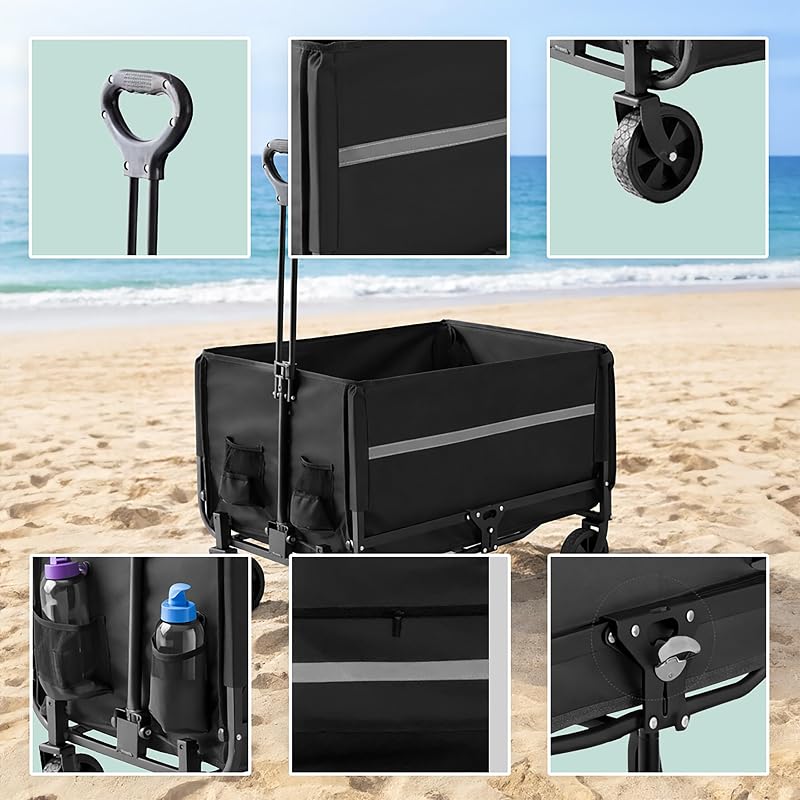 carrello pieghevole, 150 kg, manico telescopico, portellone, telo antipioggia, per spesa e campeggio, nero