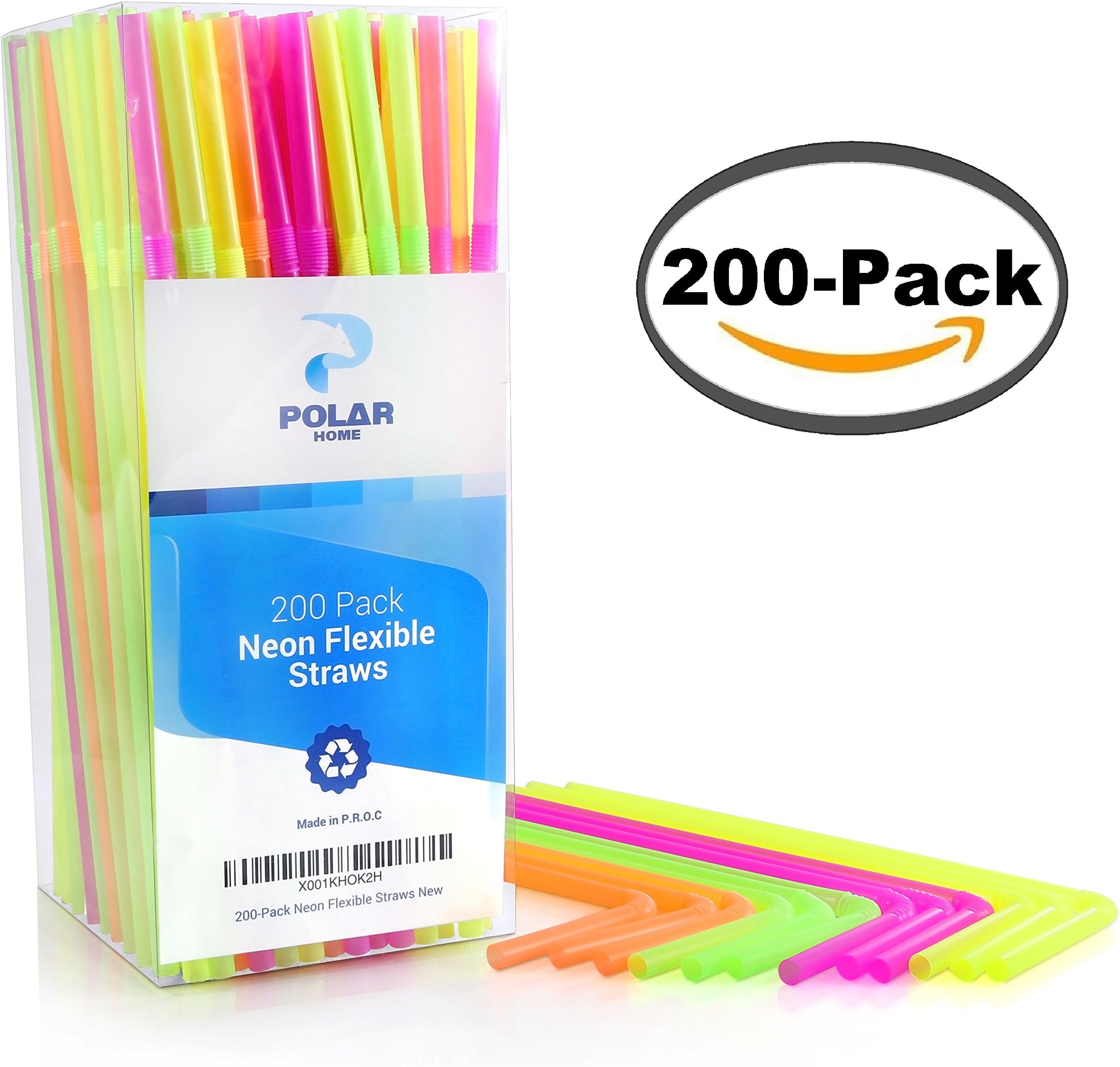 Neon Straws - BPA-Free, Bendy Straw Pack - 8-1/4 Inches Long, Assorted Colors - 200-Pack (Neon, Flexible)
