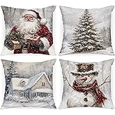 Lanpn 18x18 Christmas Throw Pillow Covers Set of 4, Christmas Pillow Covers Xmas Tree Snowman Claus Pillowcase Decorative Holiday Pillow Cases Xmas Cushion Covers for Indoor Xmas Decor