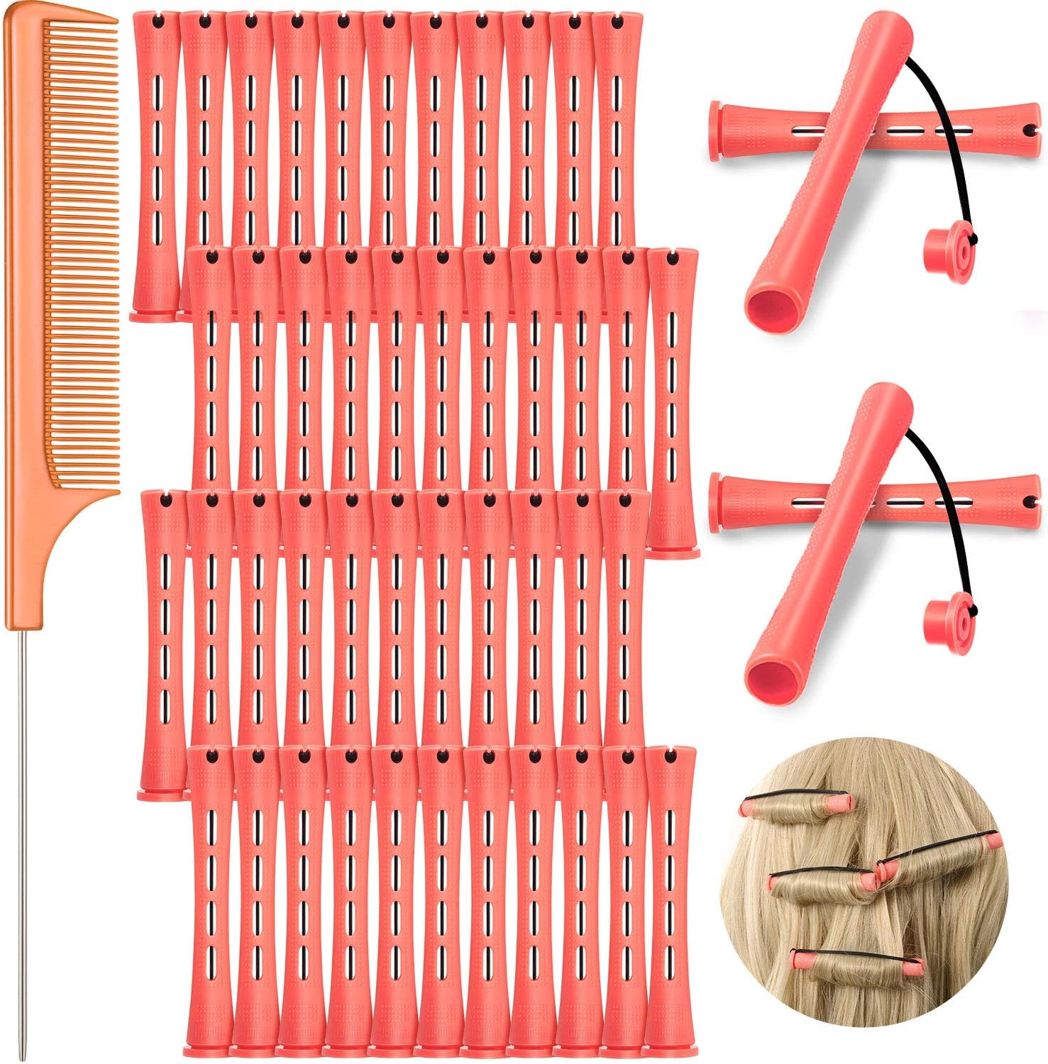 48 Piece Hair Perm Rods Plastic Perming Rods Curlers Hair Rollers with Steel Pintail Comb Rat Tail Comb for Hairdressing Styling Tools (Pink