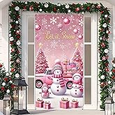 BlissYard Pink Snowman Christmas Door Cover 35x71 Inch Snow Door Banner, Pink Holiday Door Decoration for Front Door, Indoor Outdoor Winter Christmas Backdrop Photography Party Décor
