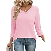 YUCOLEN 3/4 Length Sleeve Womens Tops V Neck T Shirts Dressy Casual Blouses for Women Summer Clothes Cotton Basic Tees