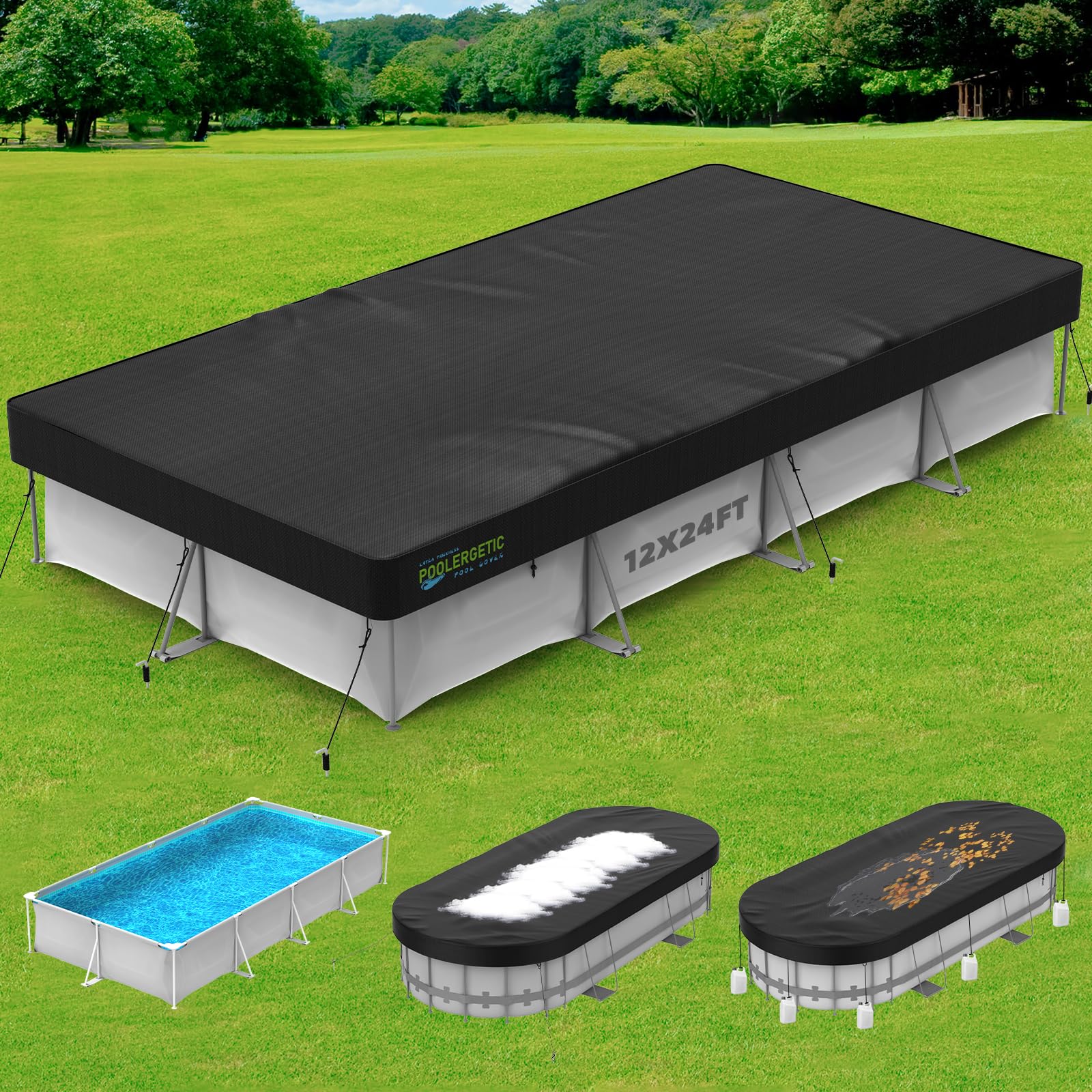 Photo 1 of 12x24 FT Rectangular Pool Covers for Above Ground Pools, Heavy Duty Solar Pool Cover for Rectangle/Oval Frame Pool, Winter Pool Cover with Ground Nails Ideal for Waterproof & Dustproof