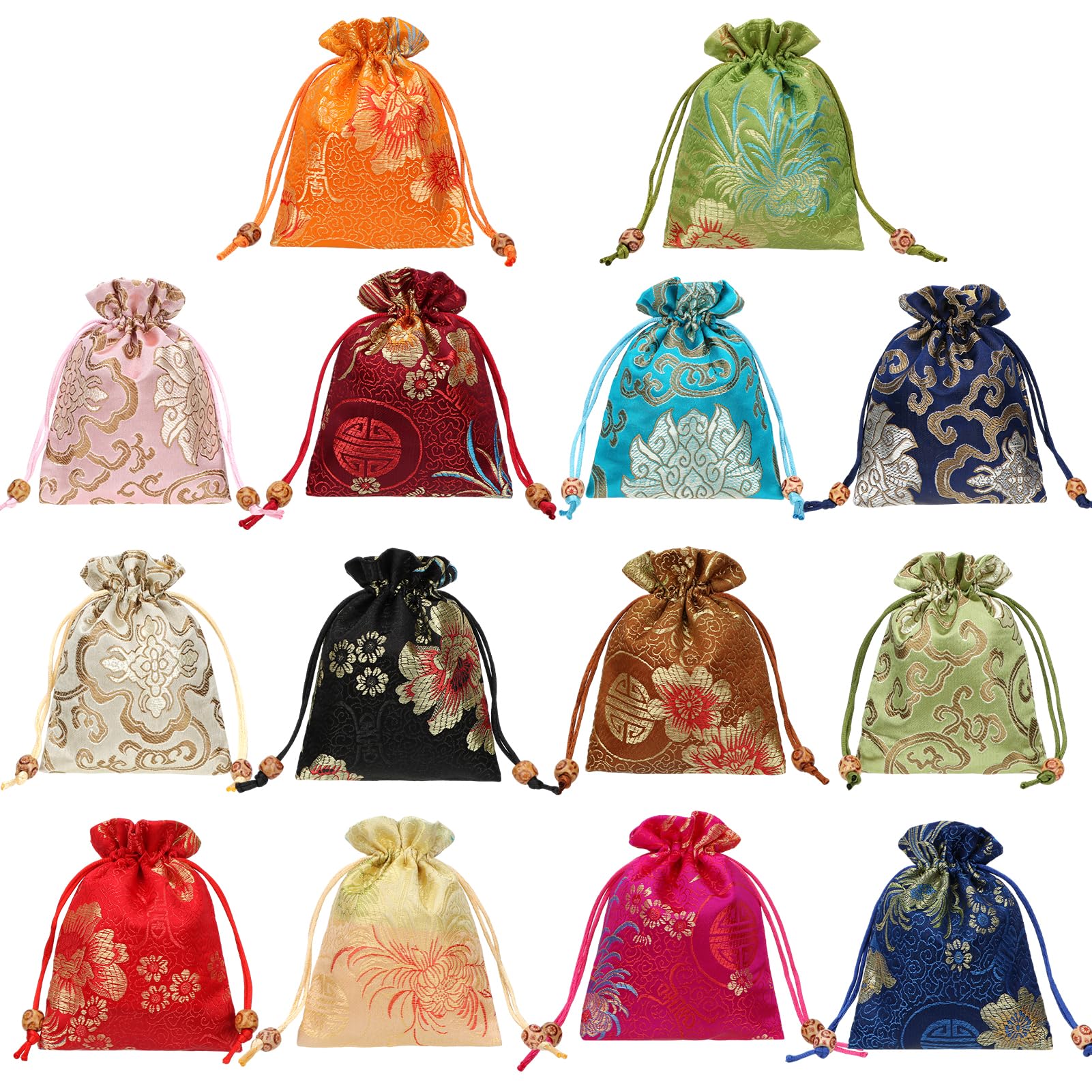 kilofly 14pc Silk Brocade Jewelry Pouch Double Layer Drawstring Coin Gift Bag