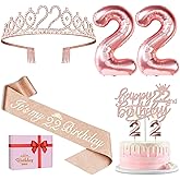 22nd Birthday Decorations for Women, Include 22nd Birthday Sash and Tiara, Cake Topper and Candles, Number Balloons, 22 Year Old Gifts for Her