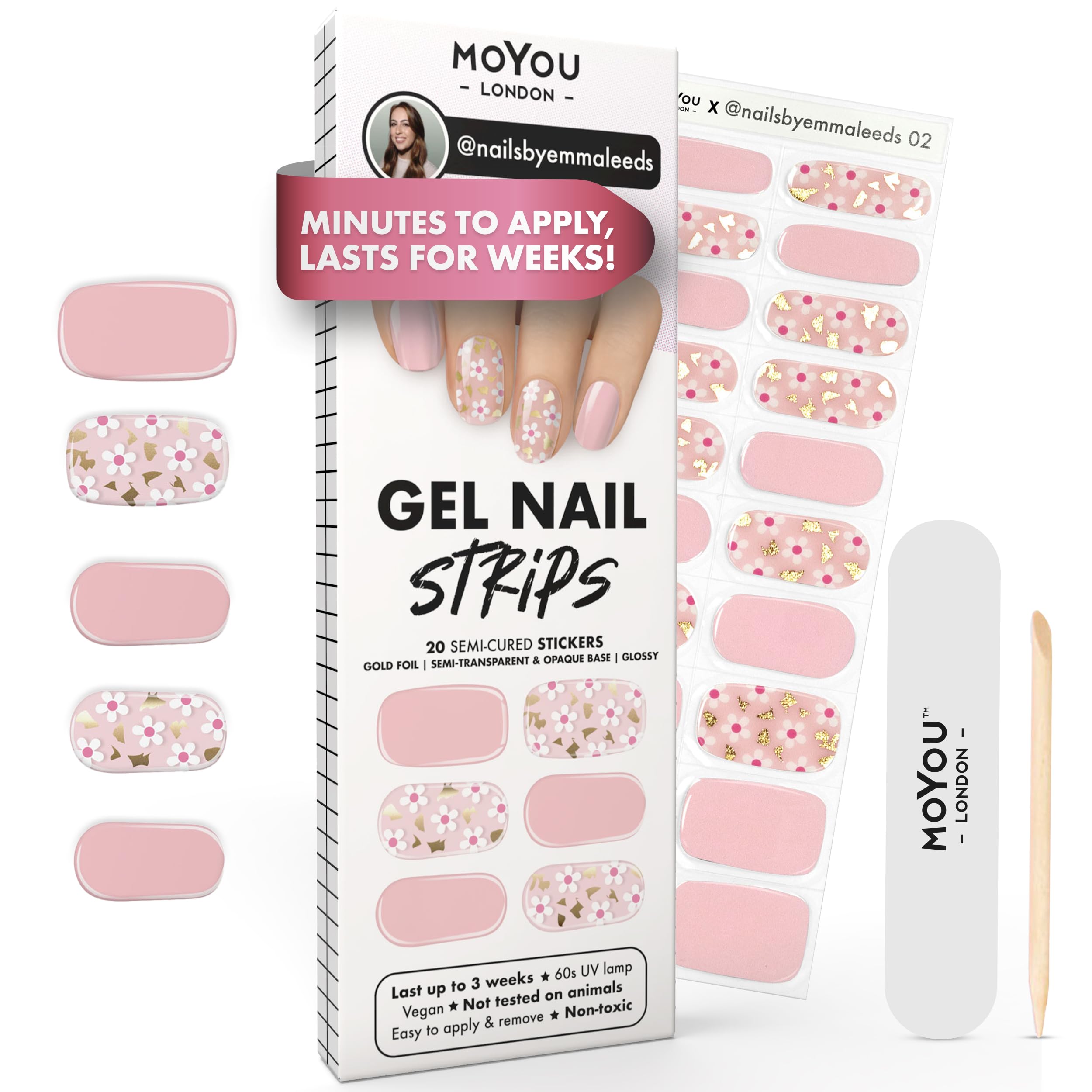 MOYOU LONDON Semi Cured Gel Nail Strips - 20 Pcs. Waterproof Gel Nail Wraps, Cures in Sunlight or UV/LED Lamp, Lasts Up to 2+ Weeks, Stretchable, Easy to Apply & Remove, Vegan & Cruelty-Free