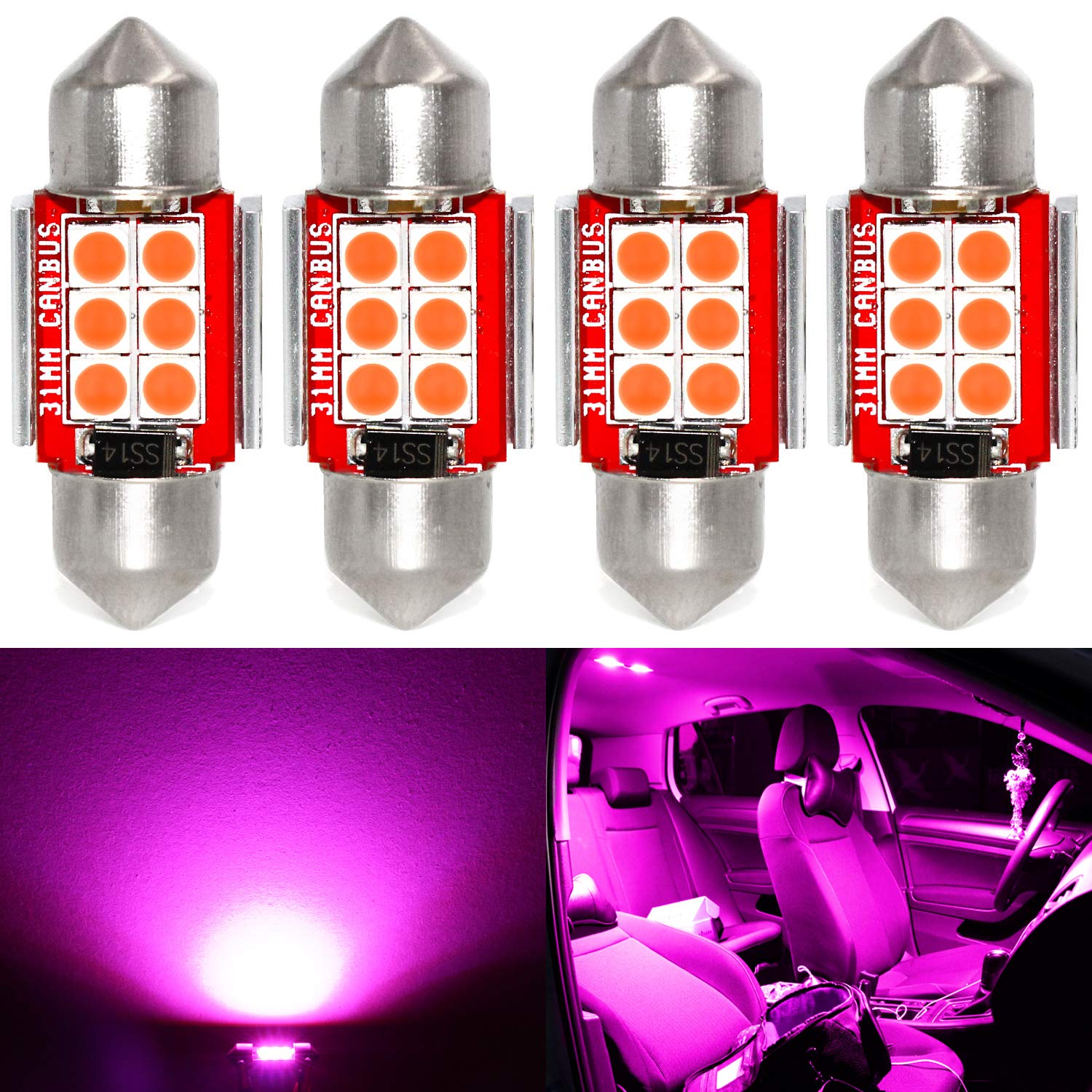 Photo 1 of PHINLION Super Bright DE3175 LED Purple Bulb 3030 6-SMD Festoon 1.25" 31mm DE3021 DE3022 Miniature LED Bulbs for Car Interior Map Dome Trunk Courtesy Light, Pack of 4