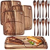 Hushee 16 Pcs Acacia Wooden Steak Plates Board Serving Tableware Set Include Wooden Plates with Juice Channel, Knives, Forks and Spoons for Christmas Kitchen Gift for Steak Lovers