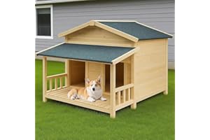 SPRKLINLIN Large Outdoor Wooden Dog House – Weatherproof Double Kennel with Asphalt Roof & Covered Porch, Ideal for Medium to Large Breeds