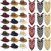 Cindeer 48 Pcs Cowboy Hat and Bandana for Adult Bulk 24 Western Cowgirl Straw Hat 24 Bandanas for Women Men Cosplay Party
