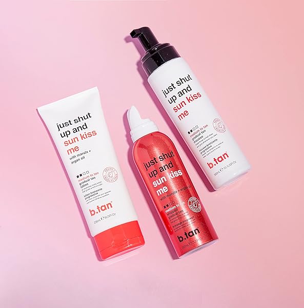 B.TAN MEDIUM GRADUAL SELF TANNING LOTION | JUST SHUT UP AND SUN KISS ME EVERYDAY GLOW LOTION – DEVELOP A BRONZED GLOW, INFUSED WITH MARULA + ARGAN OIL, VEGAN, CRUELTY & PARABEN FREE, 236ML