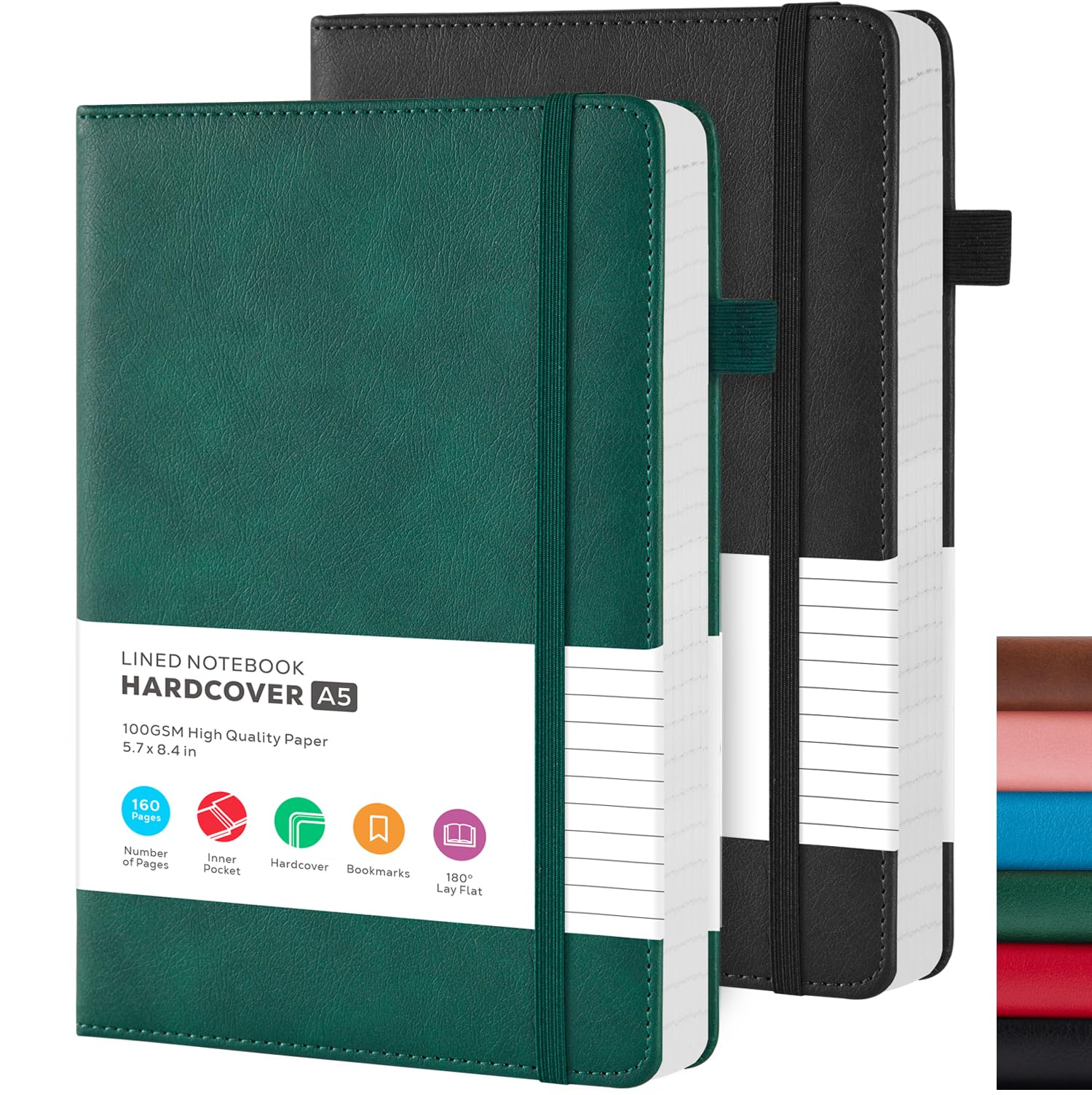 FOCUS DAY 2 Pack A5 Journal Notebook, Faux Leather Notebook Journal for Men/Women, Hardback Note Book with 100GSM Lined Paper, No Bleed, for Office School Supplies, 14.5 x 21.3 cm, Green & Black