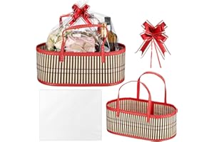 Reallnaive 1 Set Empty Gift Baskets Large Woven Bamboo Basket for Christmas DIY Birthday Party Empty Gift 15.75 x 7.87 x 6.3 Inch, Bows and Cellophane Wrap Bags