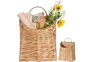 FLORAMILL Hanging Basket for Front Door –10.5" H Water Hyacinth Woven Wall Mounted Organizer with Foldable Handle, Handmade Storage for Flowers, Small Plants, Farmhouse & Garden Decor