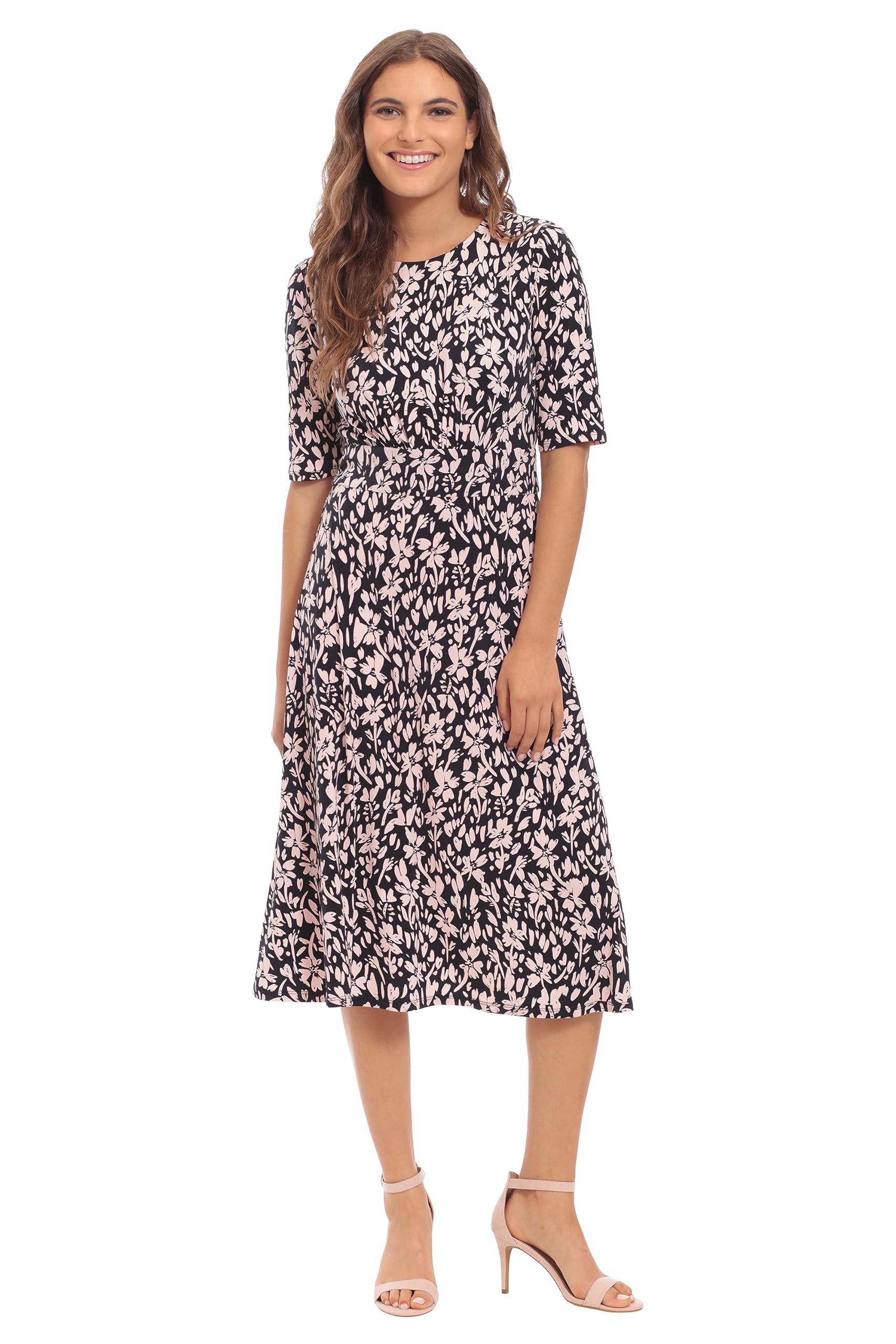 London Times Women’s Dresses Printed Matte Jersey A-Line Midi Black/Blush