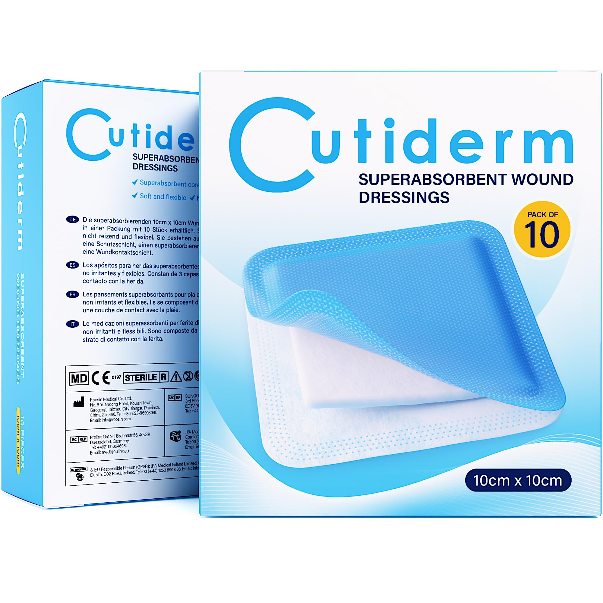 Cutiderm Sterile Low Adherent Super Absorbent Wound Dressings 10cm x 10cm Pack of 10 - Designed for Highly exuding Wounds
