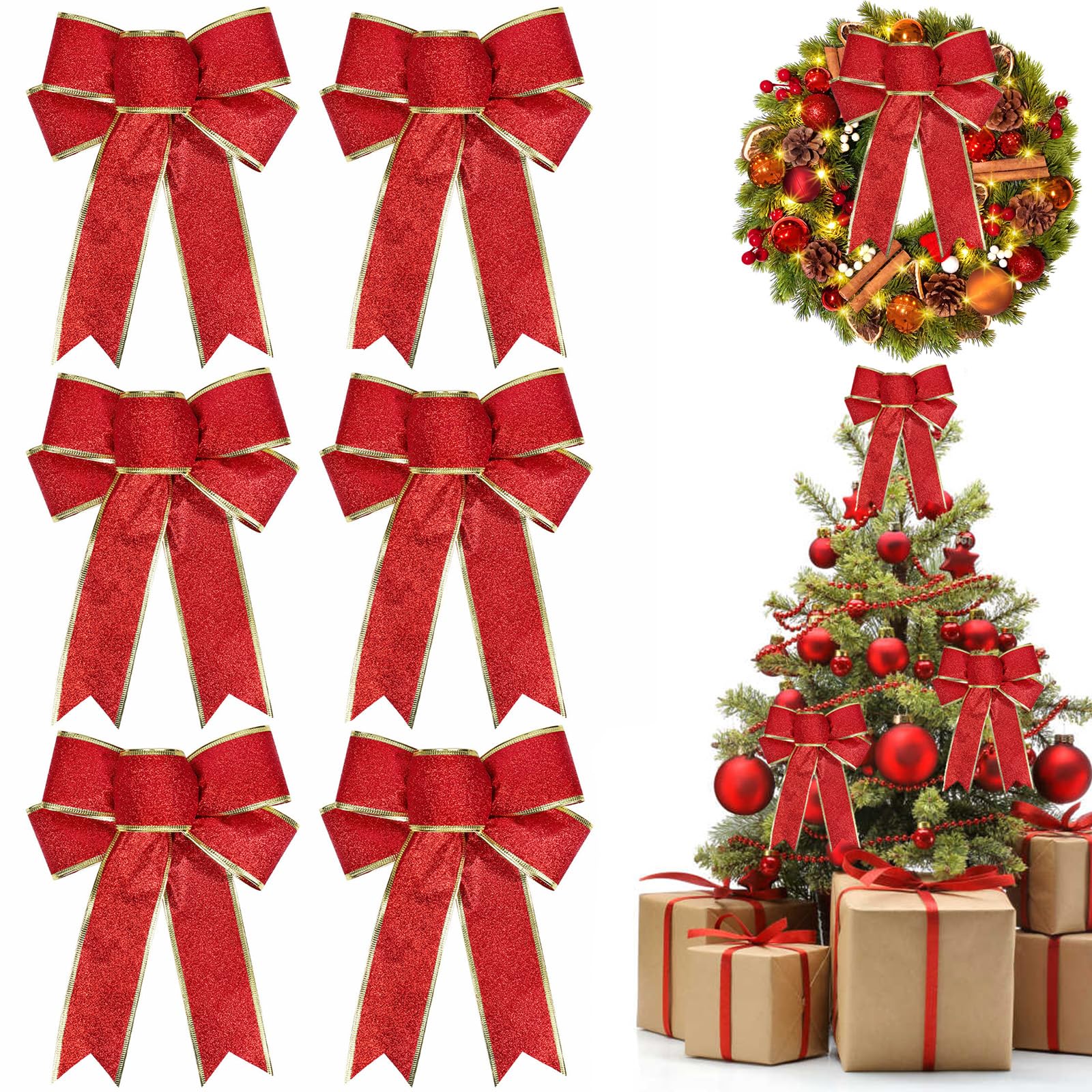YankMooM 6Pcs Red Glitter Bows for Christmas Tree Decoration,23x18 cm Glitter Xmas Bows Wreaths Bows Small Red Christmas Bows for Christmas Tree Wreaths Garland Gift Decoration
