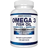 Omega 3 Fish Oil 4,080mg - High EPA 1200mg + DHA 900mg Triple Strength Burpless Capsules - Arazo Nutrition (120 Count)