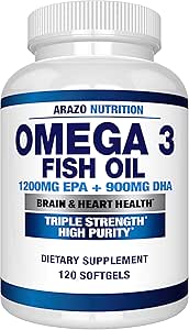 Omega 3 Fish Oil 4,080mg - High EPA 1200mg + DHA 900mg Triple Strength Burpless Softgels - Arazo Nutrition (120 Soft Gels)