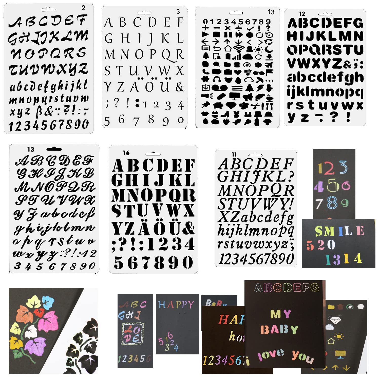 WUBAYI 7 Pcs Caligraphy Stencil Alphabet Painting Letter Number Stencils Plastic for DIY Craft Spraying Painting Drawing Diary Scrapbook
