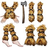 3 Pcs Halloween Viking Warrior Costume Set, Brown Furry Faux Fur Leg Arm Wraps Warmers,Fluffy Long Shoes Boot Cuffs Covers, Leather Strap Viking Axe,for Women, Men,Medieval Cosplay Party Accessories
