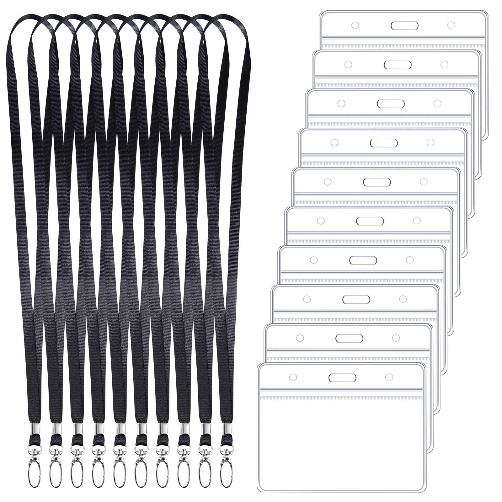 10PCS Lanyards with Card Holder, Black Flat Nylon Lanyards for Neck Plastic ID Card Holders