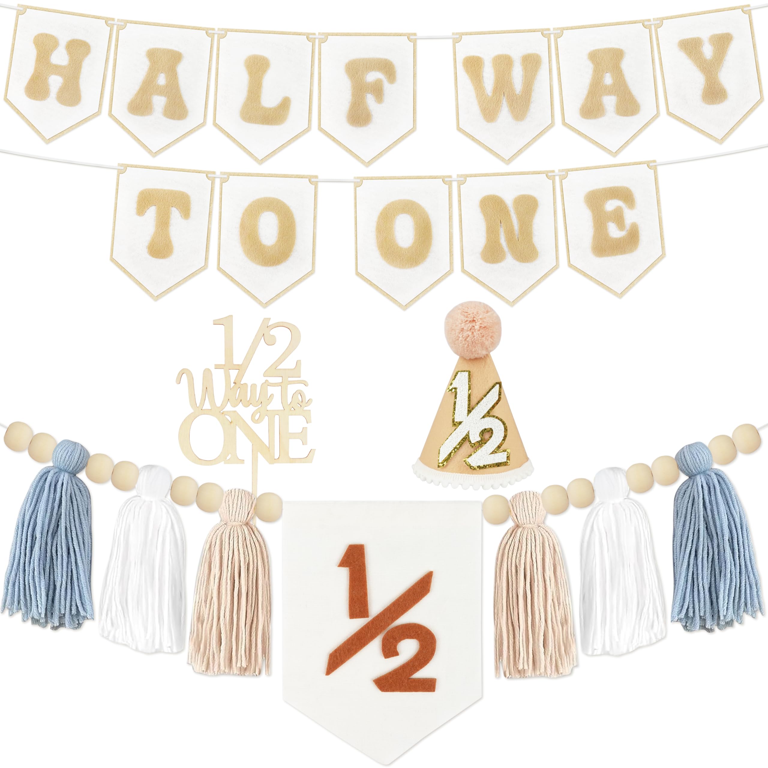 Photo 1 of 1/2 Birthday Boy Half Birthday Decorations - Half Way to One Banner Cake Topper Tassel Wood Bead High Chair Banner Hat for Boys and Girls 6 Months Birthday Decorations Party Supplies