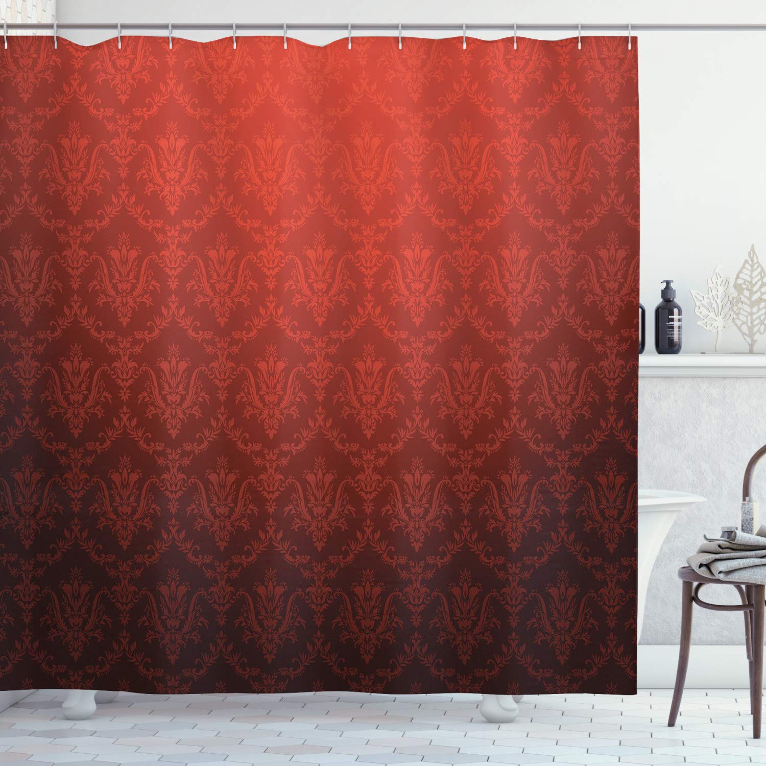 ABAKUHAUS Dark Red Shower Curtain, Antique Floral Pattern with Baroque Royal Renaissance Influences and Ombre Effect, Cloth Fabric Bathroom Decor Set with Hooks, 175 x 200 cm, Black Red
