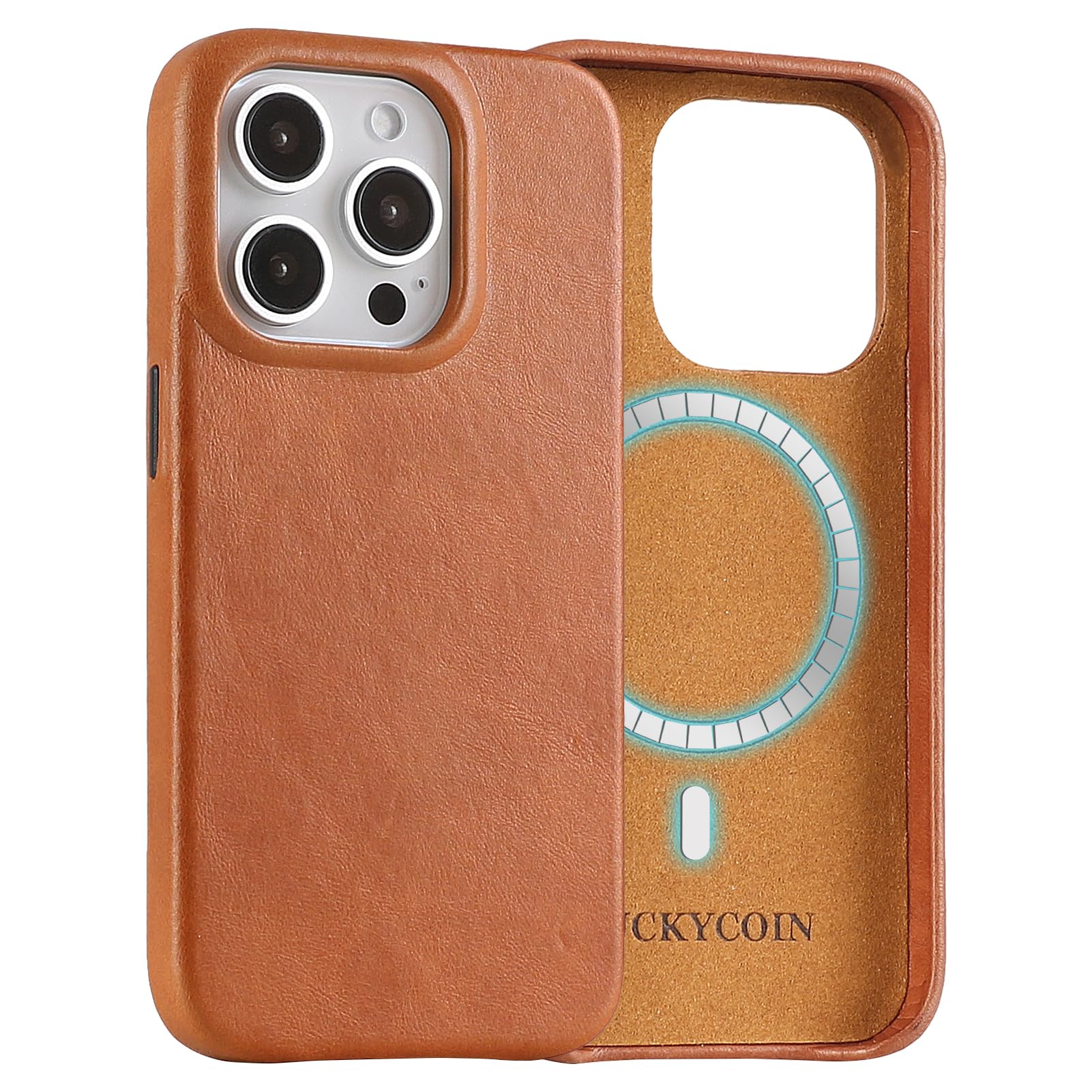 LUCKYCOIN Premium Full Grain Leather Magnetic Phone Case for iPhone 15 Pro, Compatible with MagSafe, Metal Buttons, Slim Fit Classic Leather Protective Case for Everyday Use – Brown
