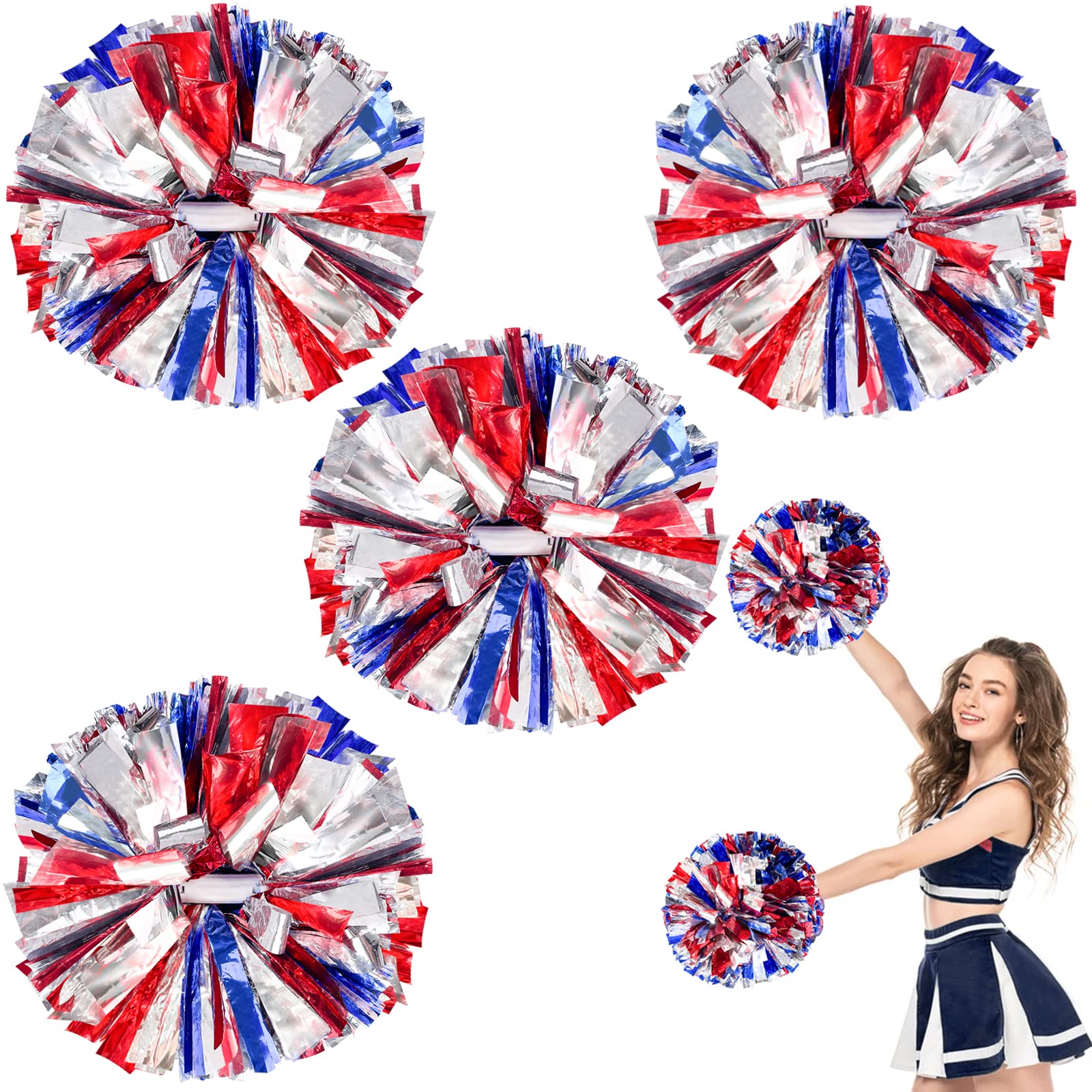 ZONITOK 4 Pcs Metallic Cheerleading Pom Poms, Cheerleader Pompoms with Baton Handle, Cheering Squad Pompoms for Kids Adults School Dance Sports Team Spirit Cheering (Blue Red Sliver)