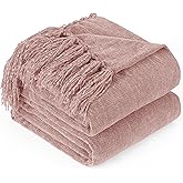 GINAMUSE Chenille Throw Blanket for Couch with Tassels,50"X60" Soft Cozy Lightweight Knitted Boho Decorative Blankets for Bed and Sofa,Pink