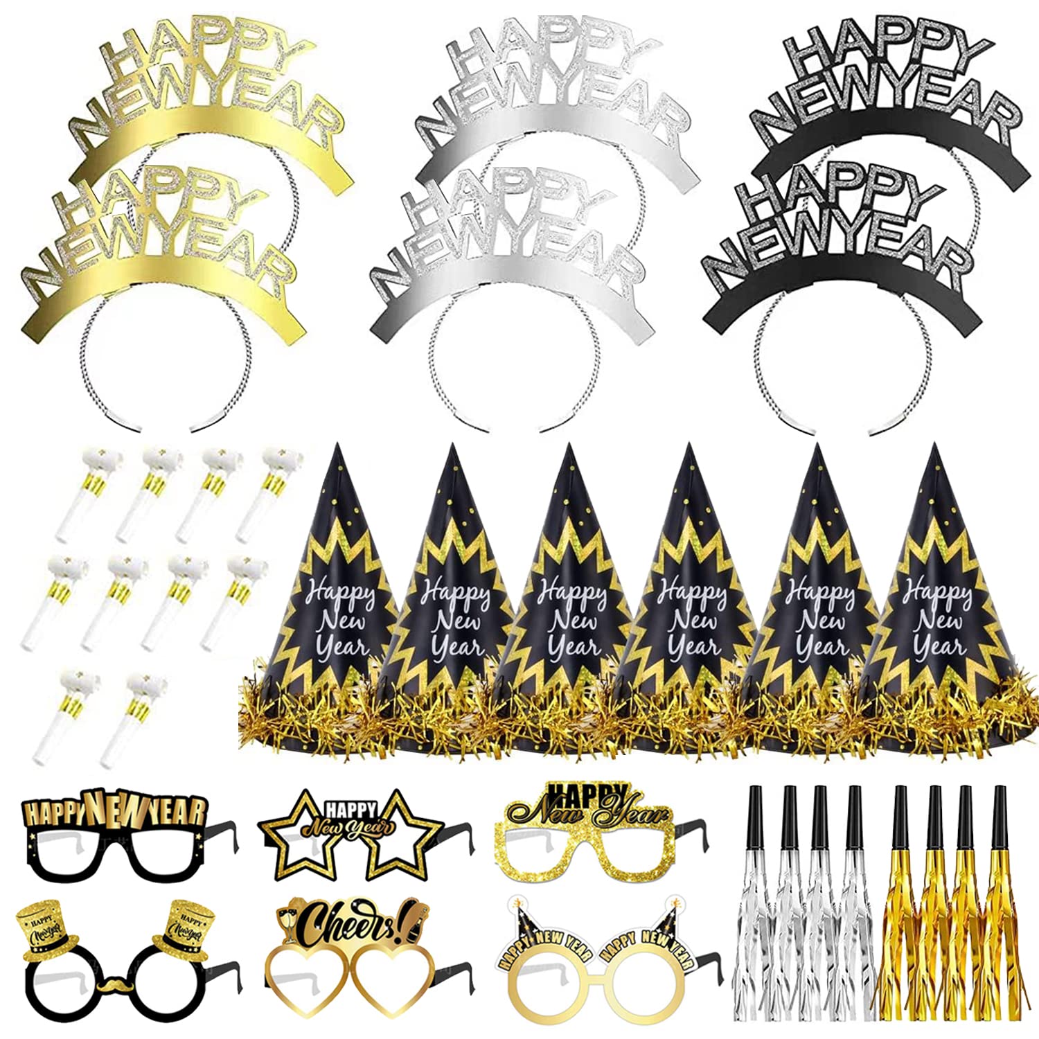 36pcs New Year's Eve Party Supplies 2026, Happy New Year Headband, New Year Party Hats, Paper Happy New Year Eyeglasses and Party Blowers for Kids Adults, 2026 New Years Eve Party Decorations