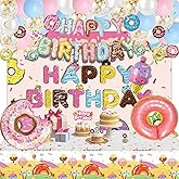 Donut Themed Birthday Party Decorations, Doughnut Colorful Backdrop Tablecloth, Happy Birthday Banner, Macaron Foil Balloons, Cake Topper, Hanging Swirls for Boys Girls Princess