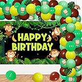 Monkey Jungle Safari Balloon Garland Arch Kit with Happy Birthday Backdrop, Monkey Banana Foil Balloons, Artificial Tropical Palm Leaves for Baby Party Supplies