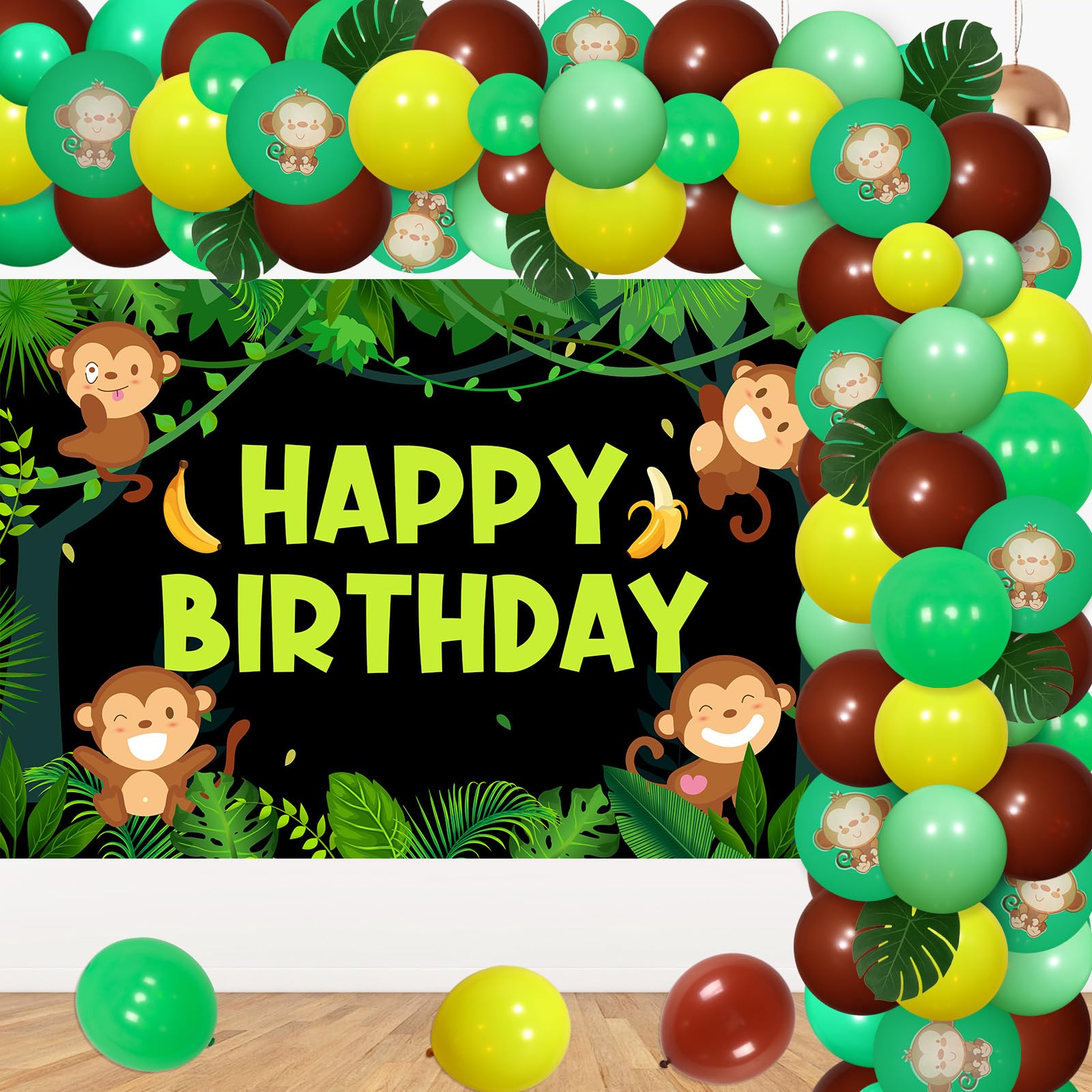 Photo 1 of Monkey Jungle Safari Balloon Garland Arch Kit with Happy Birthday Backdrop, Monkey Banana Foil Balloons, Artificial Tropical Palm Leaves for Baby Party Supplies