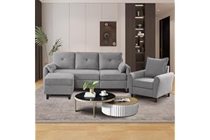 Tornama Convertible Sectional Sofa Set for Living Room, 3-Seat Small L Shaped Couch with Storage Ottoman, Modern Linen Sofas Couches and Accent Chair (Light Grey)