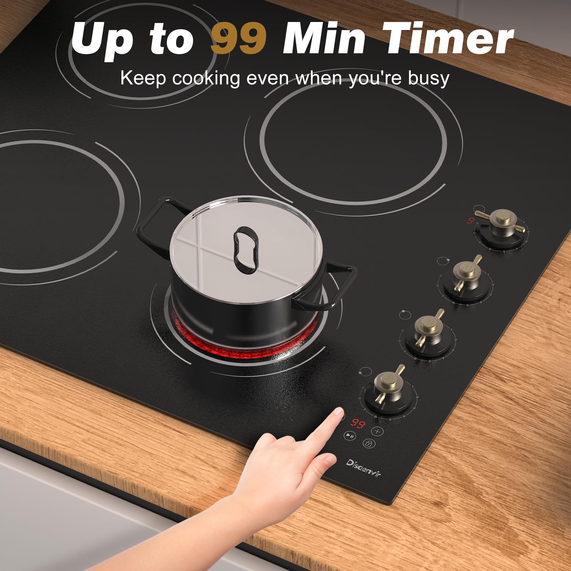 24 Inch Electric Cooktop - 4 Burner Drop-in Glass Ceramic Stove Top 6000W, 220V Radiant Electric Stove, 9 Power Level, Pause Key, Safety Lock, Touch & Knob Control, 240V Hard Wired (No Plug)