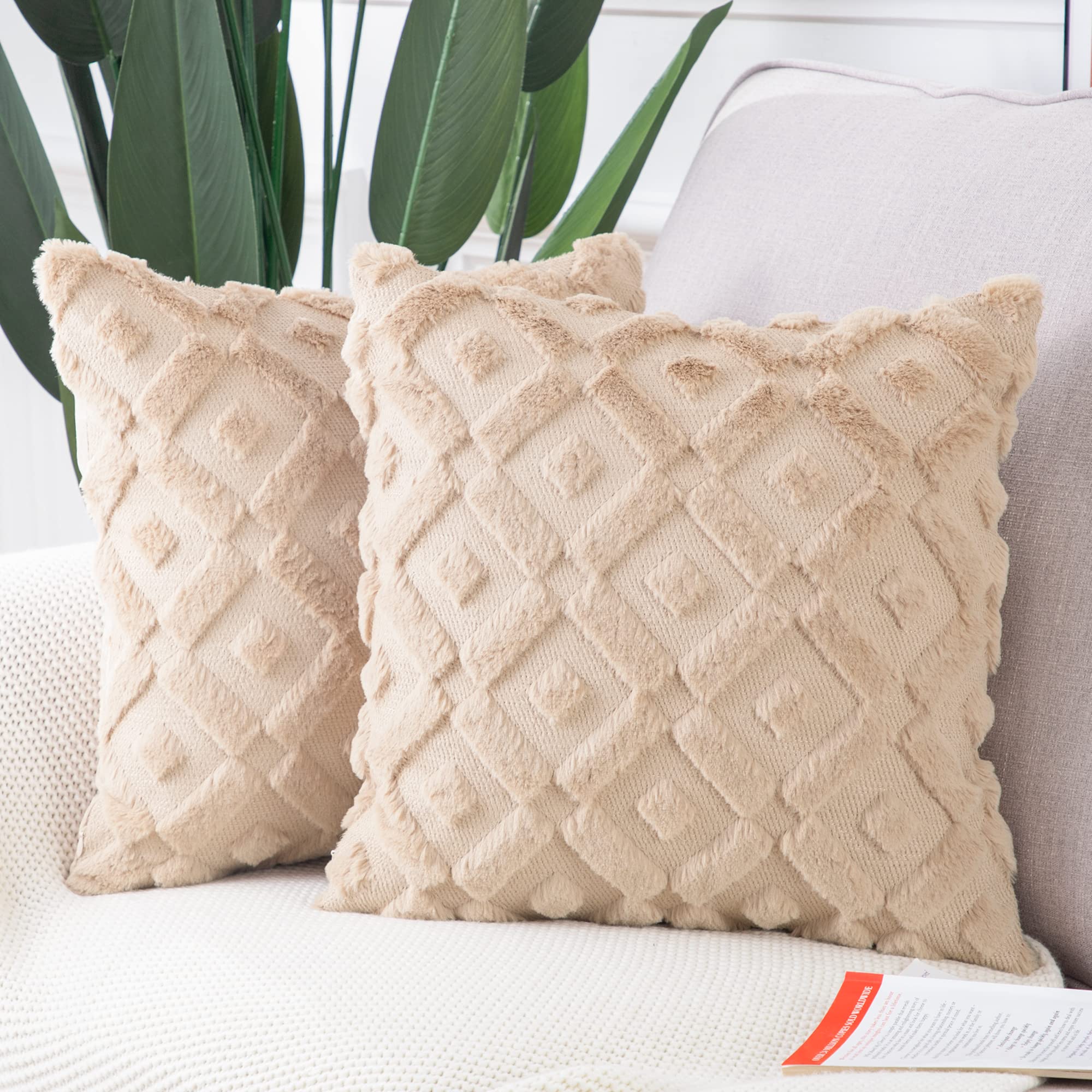 Madizz Set of 2 Soft Plush Short Wool Velvet Decorative Cushion Covers Luxury Style Throw Pillow Cases Pillow Shell for Sofa Bedroom Square Khaki 16x16 inch, 40x40 cm