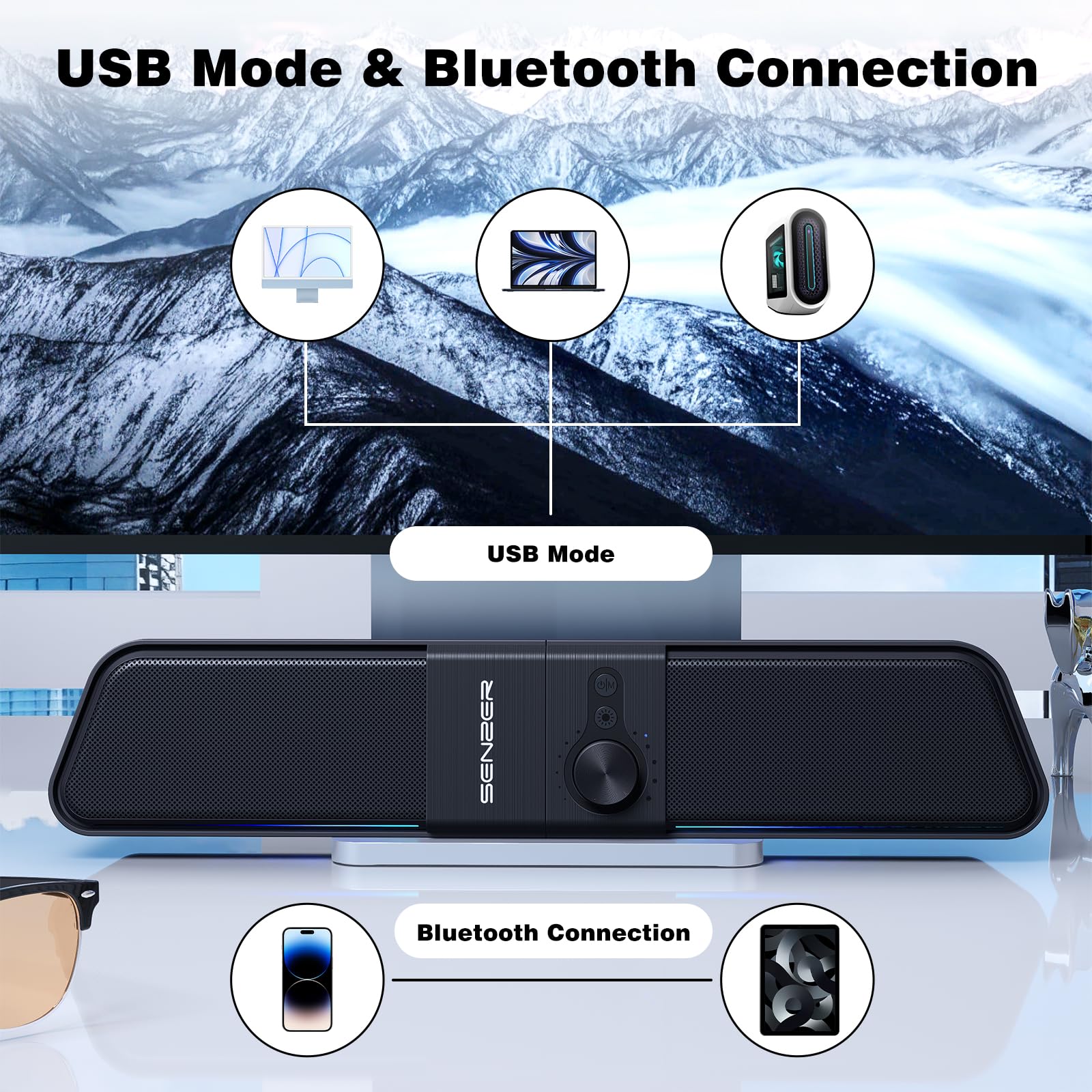 SENZER CS20 Computer Speakers, Pc Speakers with Stereo Sound Flowing LED & Volume Knob，Gaming SoundBar Speaker for Laptop Desktop Monitor(USB & Bluetooth)