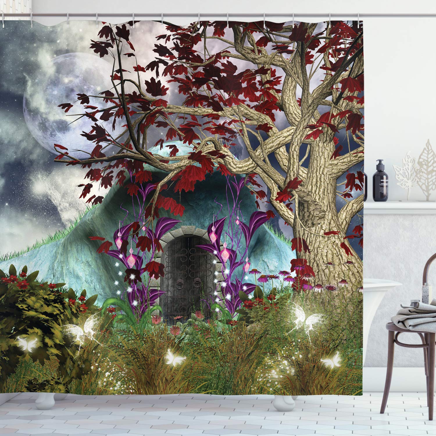 ABAKUHAUS Forest Shower Curtain, Dark Gothic Themed Fairytale Scene with Magic Tree and Secret Cave Illustration, Cloth Fabric Bathroom Decor Set with Hooks, 78 Inches, Multicolor