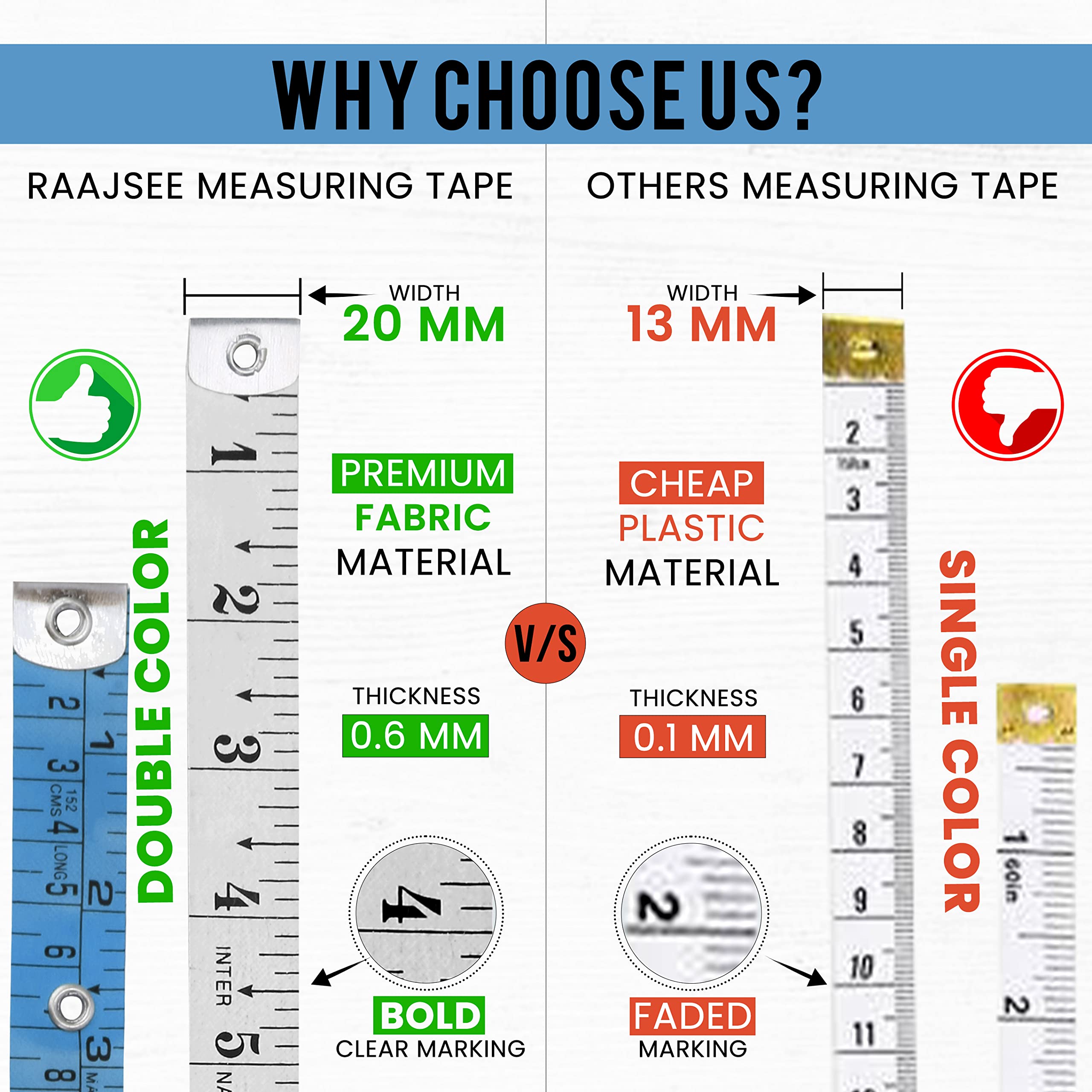 Raajsee Fabric Tape Measure Body Measuring Tape, Soft Fabric Measuring Tape for Sewing Cloth & Weight Loss Medical Body Measurement Nursing Craft 60 inch/150 cm