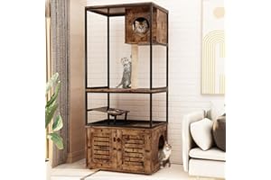 AWQM Large Cat Litter Box Enclosure,3 Level Cat Tree Tower with Elevated Cat Feeding Bowl,Scratching Posts,Hidden Cat Washroom,Kitty Condo,All-in-One Wood Pet Cat House/Cabinet Funiture,Rustic Brown