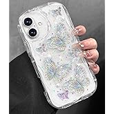 Toycamp for iPhone 16 Plus Case Cute - Women Girly Girls Glitter Phone Cover 16Plus Kawaii Sparkle Bling Shine Aesthetic Pretty Unique Wave Design Funda for Apple 16 Plus, Clear Butterfly