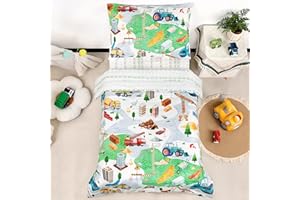 CARUILI 4 Piece Toddler Bedding Set for Boys, Car Toddler Boy Bedding Set, Super Soft & Lightweight Toddler Comforter Set Includes Comforter, Flat Sheet, Fitted Sheet, Pillowcase, (Car Pattern)
