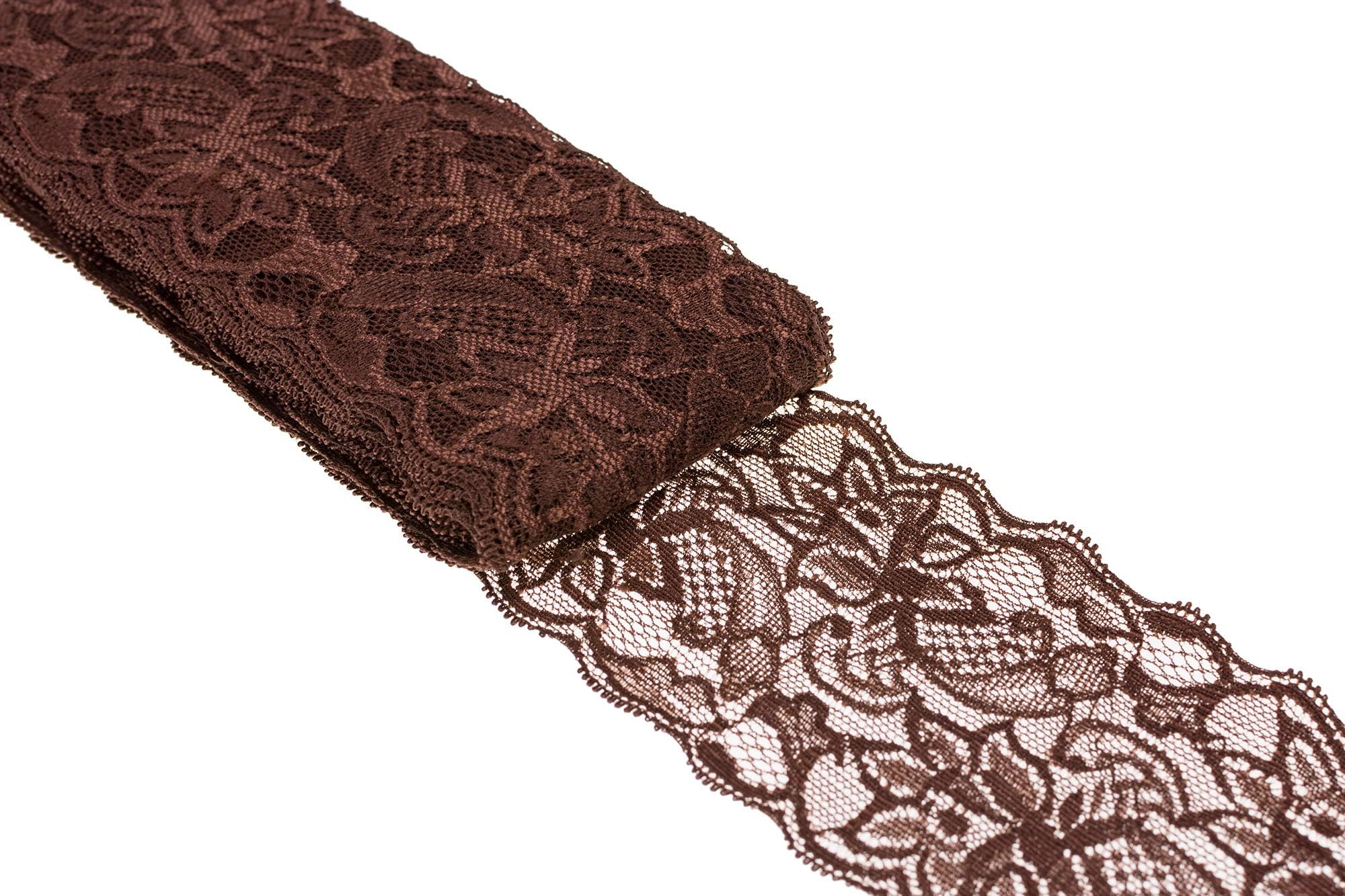 ATRibbons 10 Yards 3 Inch Wide Elastic Lace Trim Floral Pattern Lace Ribbon for Garment,Crafts and Gift Wrapping (Coffee)