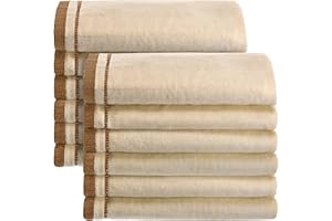 Creative Scents 100% Cotton Velour Fingertip Towels - 12 Pack 11 by 18 Inch – Decorative, Extra Absorbent and Soft Face Towel, Ideal for Bathroom and Powder Room (Cream with Brown Trim)