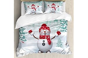 Ambesonne Christmas Duvet Cover Set, Snow Covered Mountain Fir Trees and Skiing Snowman Fun Holiday Activity, Decorative 3 Piece Bedding Set with 2 Pillow Shams, Queen Size, Teal Red White