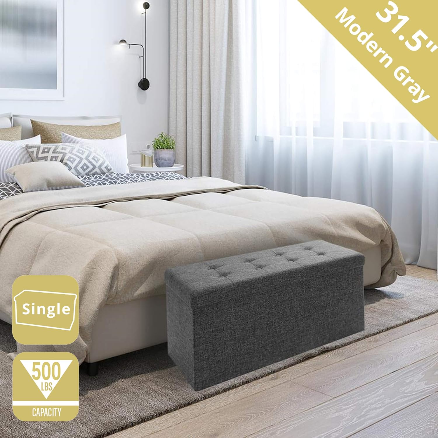 Seville Classics 31.5" Foldable Tufted Storage Bench Footrest Toy Chest Coffee Table Trunk Ottoman, Single, Charcoal Gray: Kitchen & Dining