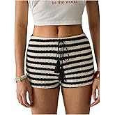 BEAUDRM Women's Textured Skinny Mini Shorts Tie Front Elastic Waist Low Rise Track Micro Shorts Black and White Small
